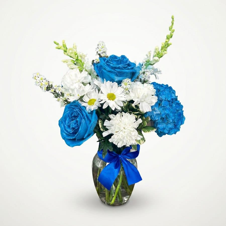 After: blue and white vase arrangement, BloomShot product photo