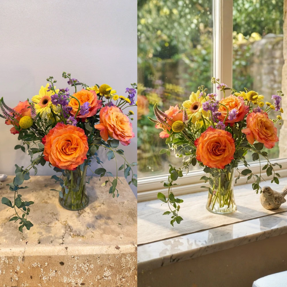 Before and after: the same arrangement, phone photo next to the BloomShot version